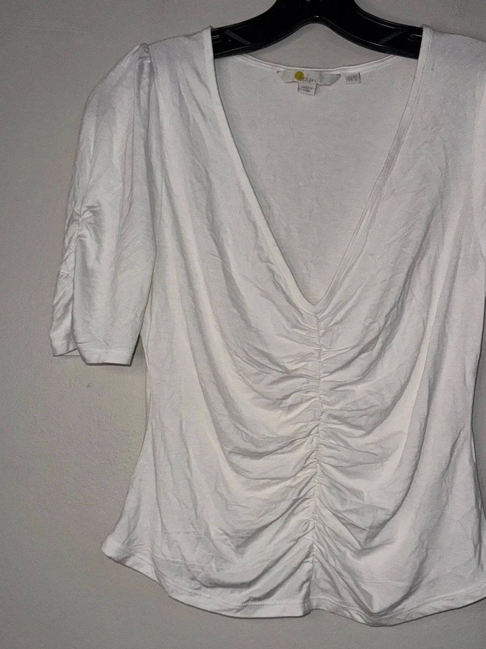 Boden White Ruched V-Neck Puff Sleeve Top